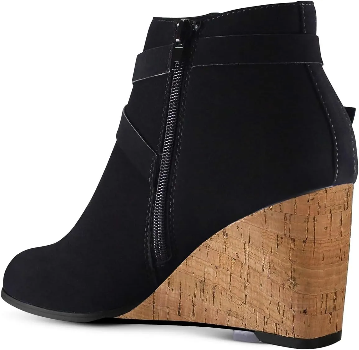 FOWT Women Round Toe Ankle Boots Side Zipper Wedge High Heel Booties Metal Buckled Warm Fashion Outdoor Dress Shoes Size 4-16 US