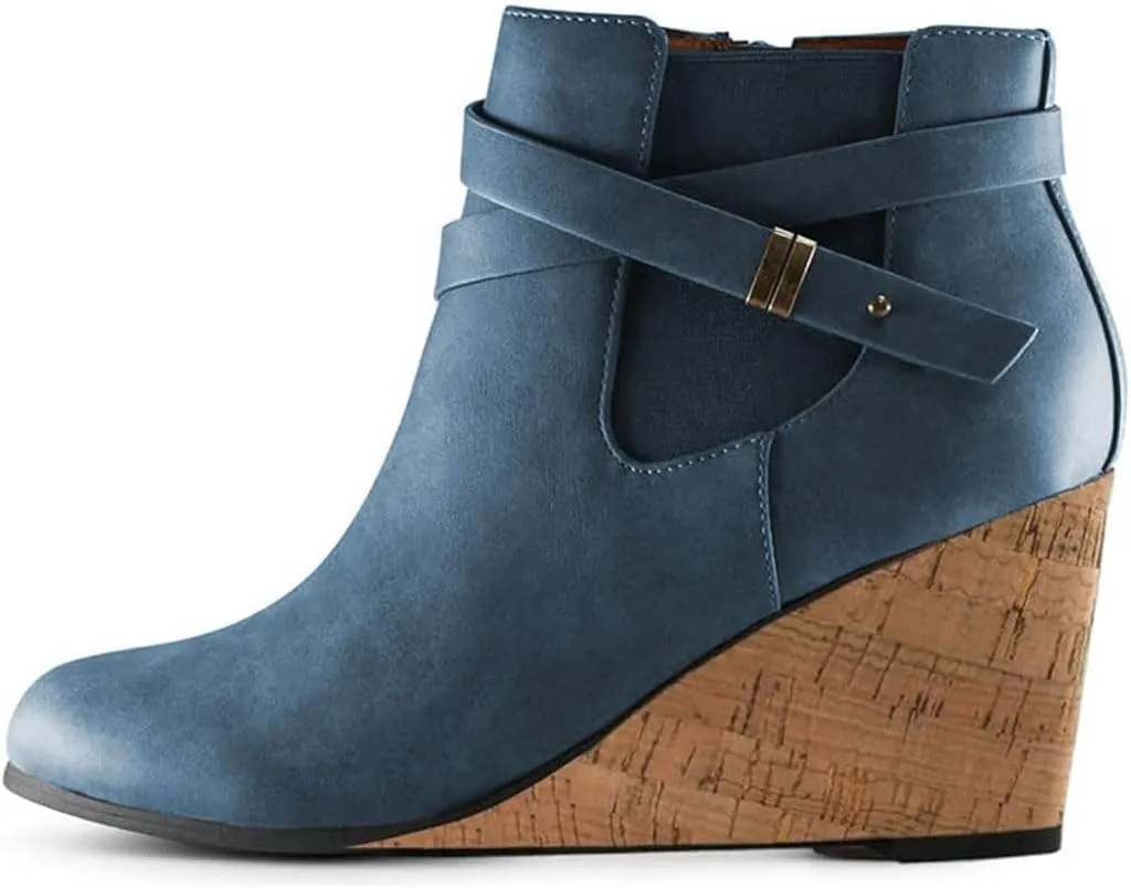 FOWT Women Round Toe Ankle Boots Side Zipper Wedge High Heel Booties Metal Buckled Warm Fashion Outdoor Dress Shoes Size 4-16 US