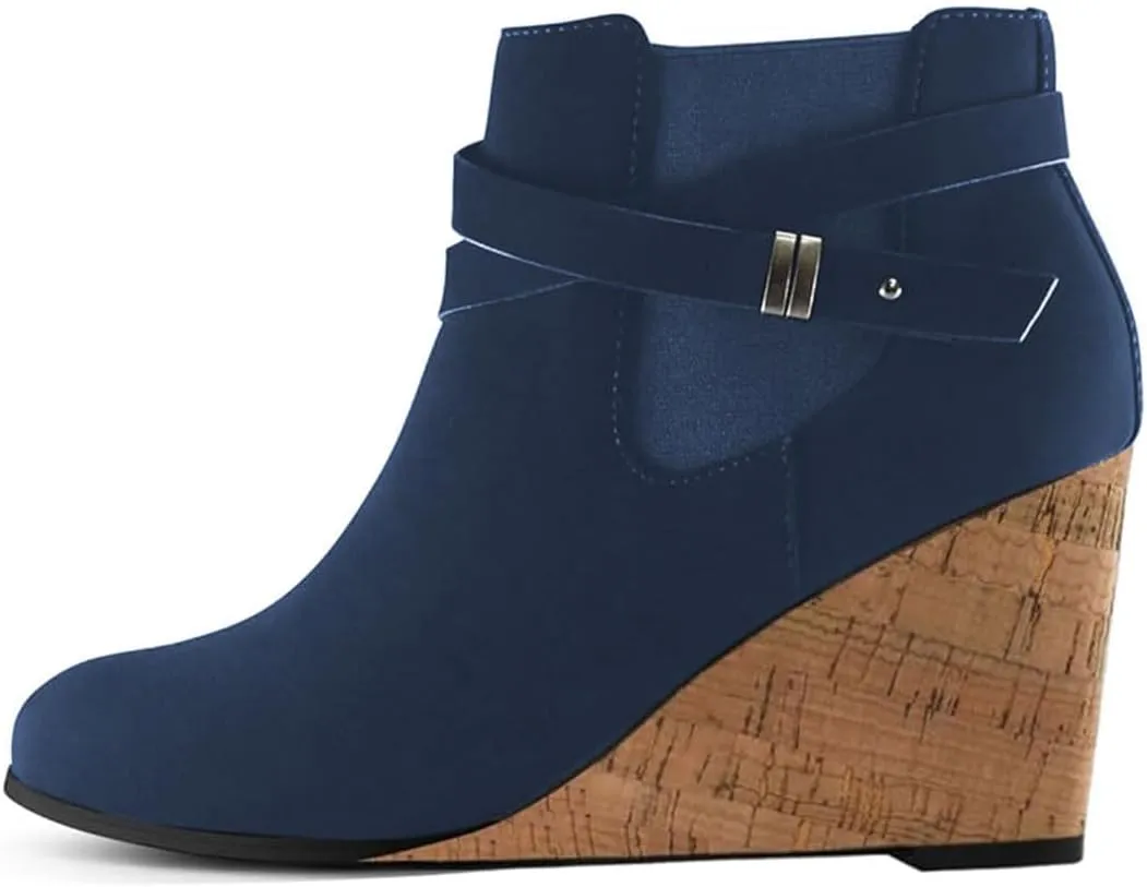 FOWT Women Round Toe Ankle Boots Side Zipper Wedge High Heel Booties Metal Buckled Warm Fashion Outdoor Dress Shoes Size 4-16 US