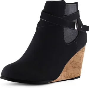 FOWT Women Round Toe Ankle Boots Side Zipper Wedge High Heel Booties Metal Buckled Warm Fashion Outdoor Dress Shoes Size 4-16 US