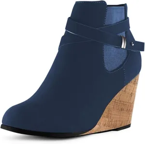 FOWT Women Round Toe Ankle Boots Side Zipper Wedge High Heel Booties Metal Buckled Warm Fashion Outdoor Dress Shoes Size 4-16 US