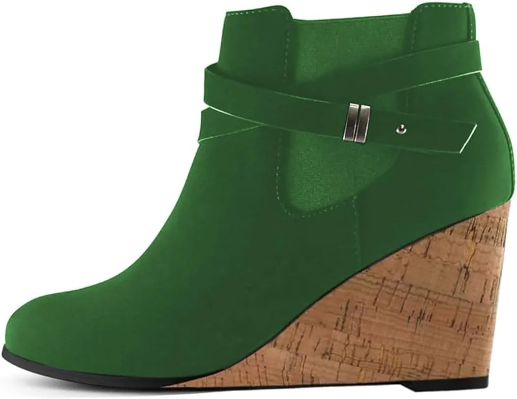FOWT Women Round Toe Ankle Boots Side Zipper Wedge High Heel Booties Metal Buckled Warm Fashion Outdoor Dress Shoes Size 4-16 US