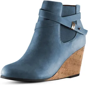 FOWT Women Round Toe Ankle Boots Side Zipper Wedge High Heel Booties Metal Buckled Warm Fashion Outdoor Dress Shoes Size 4-16 US