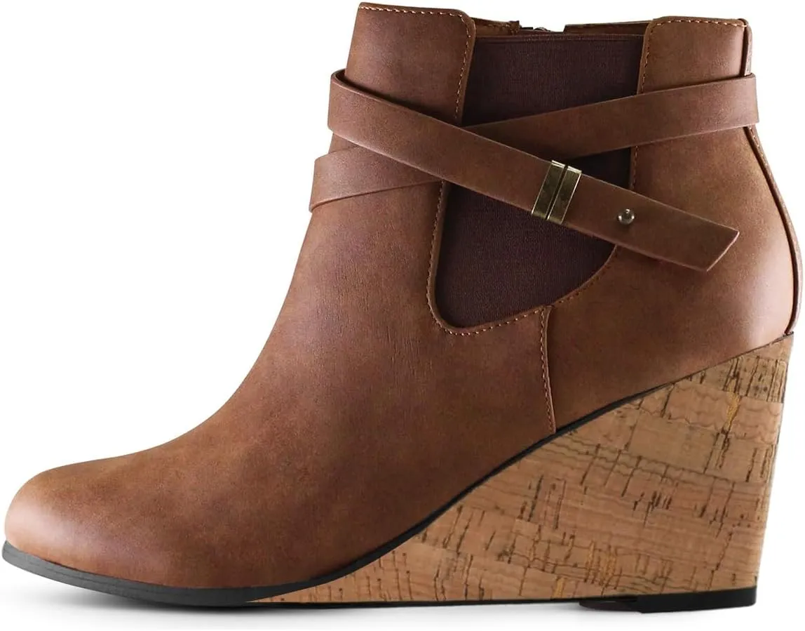 FOWT Women Round Toe Ankle Boots Side Zipper Wedge High Heel Booties Metal Buckled Warm Fashion Outdoor Dress Shoes Size 4-16 US