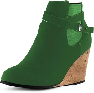 FOWT Women Round Toe Ankle Boots Side Zipper Wedge High Heel Booties Metal Buckled Warm Fashion Outdoor Dress Shoes Size 4-16 US