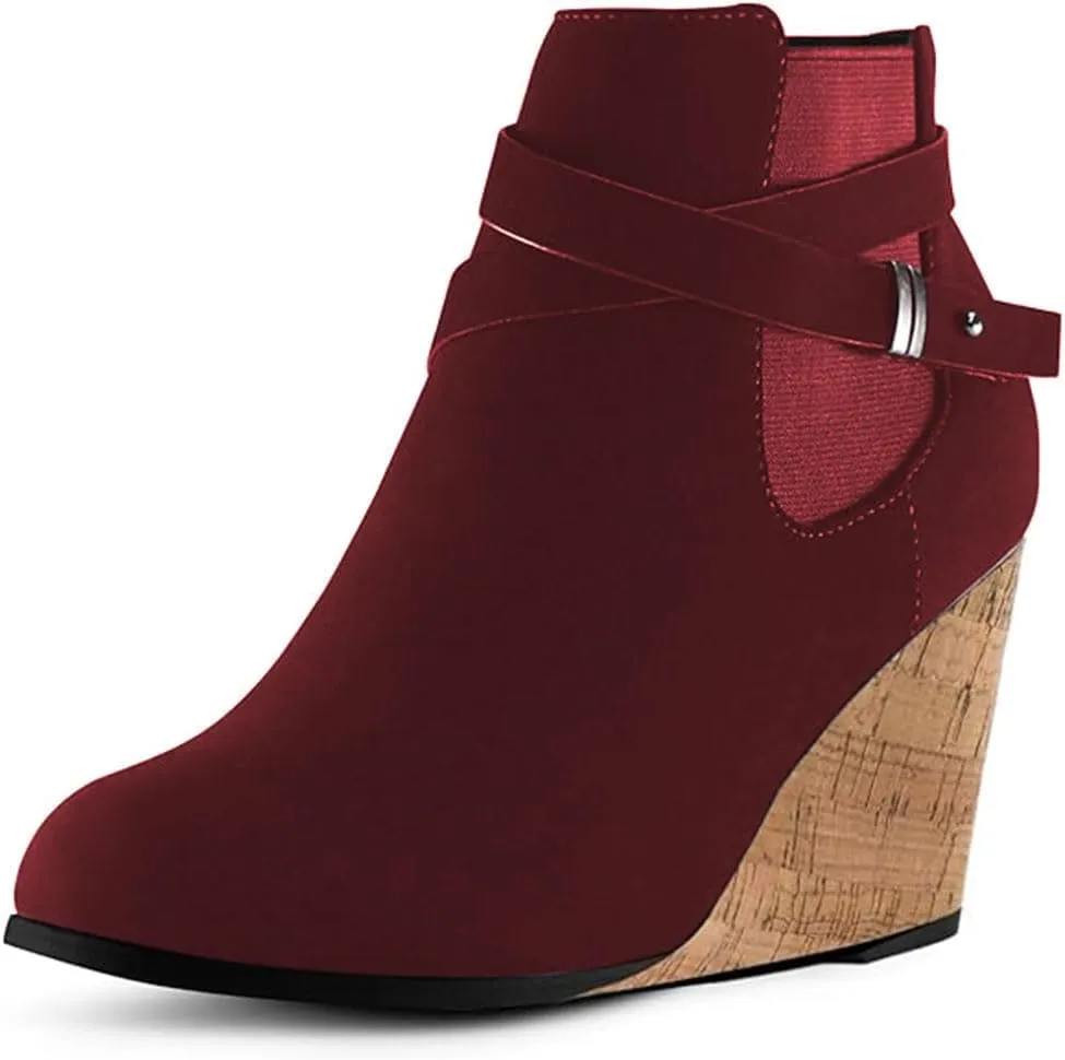 FOWT Women Round Toe Ankle Boots Side Zipper Wedge High Heel Booties Metal Buckled Warm Fashion Outdoor Dress Shoes Size 4-16 US