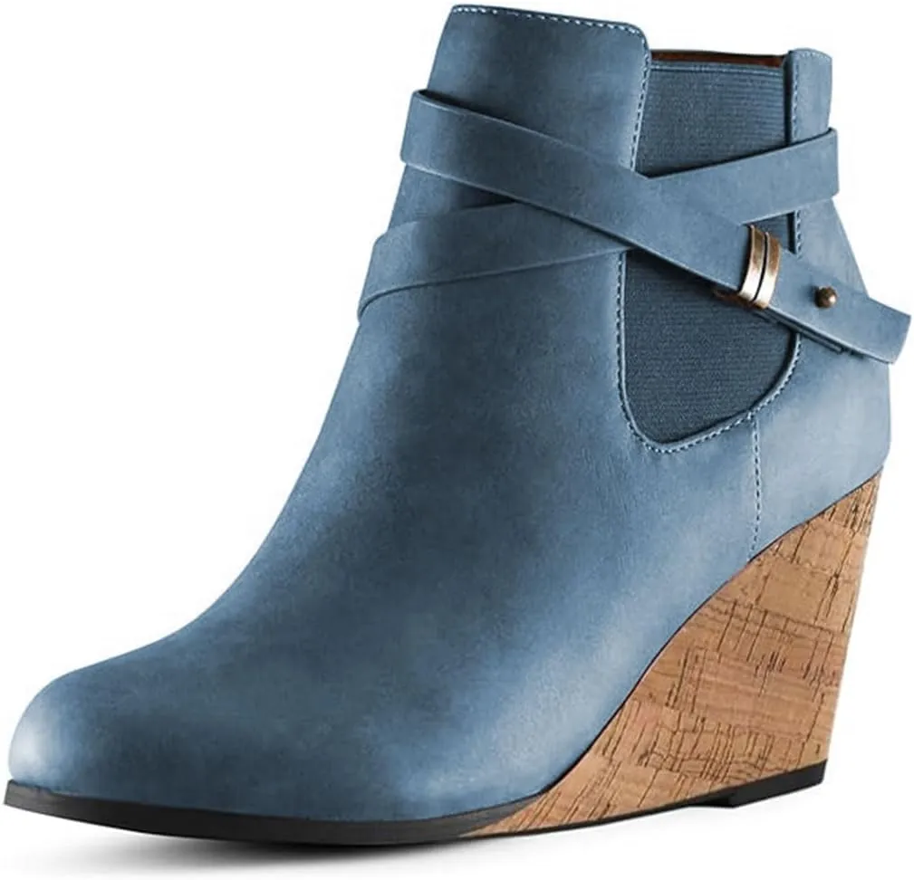 FOWT Women Round Toe Ankle Boots Side Zipper Wedge High Heel Booties Metal Buckled Warm Fashion Outdoor Dress Shoes Size 4-16 US