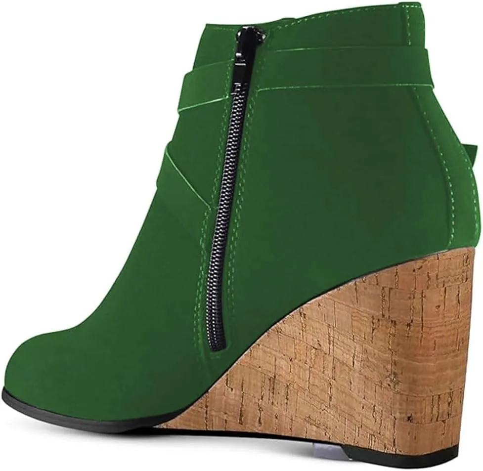 FOWT Women Round Toe Ankle Boots Side Zipper Wedge High Heel Booties Metal Buckled Warm Fashion Outdoor Dress Shoes Size 4-16 US