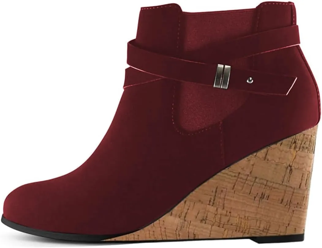 FOWT Women Round Toe Ankle Boots Side Zipper Wedge High Heel Booties Metal Buckled Warm Fashion Outdoor Dress Shoes Size 4-16 US