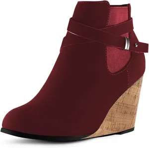 FOWT Women Round Toe Ankle Boots Side Zipper Wedge High Heel Booties Metal Buckled Warm Fashion Outdoor Dress Shoes Size 4-16 US