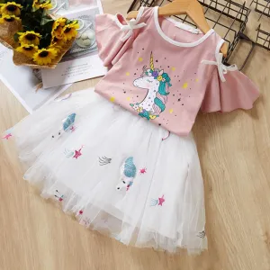 Girls Clothes 2020 Summer Girls Clothing Set Kids Clothes Cartoon T-shirt   Pink Mesh Princess Dress Cloth set 2