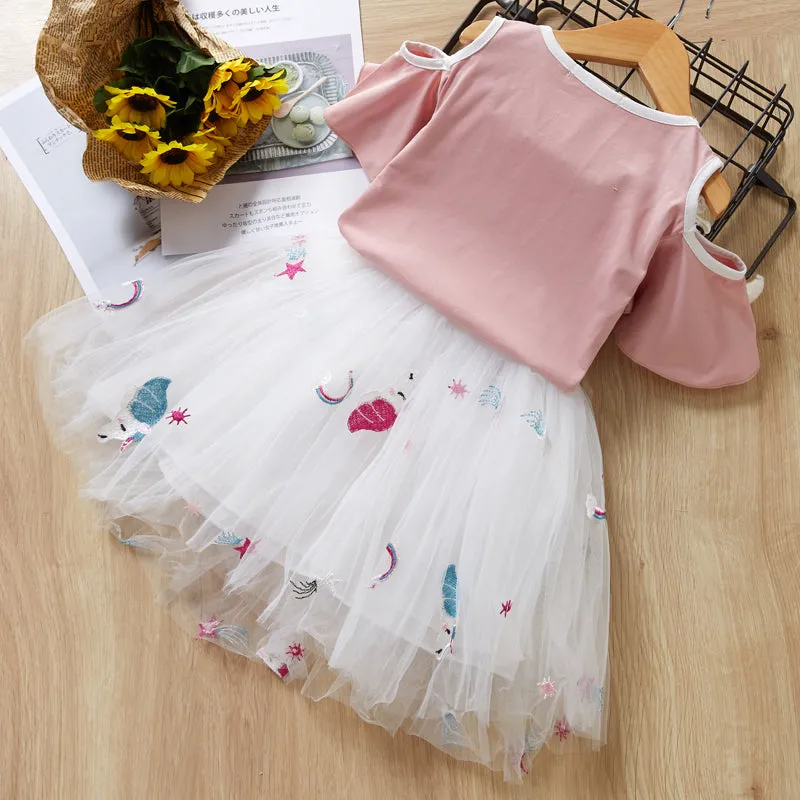 Girls Clothes 2020 Summer Girls Clothing Set Kids Clothes Cartoon T-shirt   Pink Mesh Princess Dress Cloth set 2