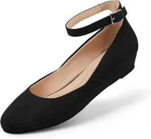 GOSERCE Ballet Flats Shoes for Women with Pointed Toe Low Wedge Ankle Strap Comfortable Dressy Casual Party Business Work Lady Shoes Summer