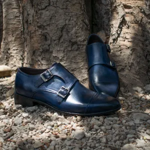 Height Increasing Navy Blue Leather Wansdyke Monk Strap Shoes