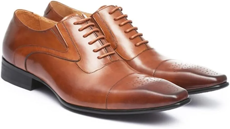 HOOENG Formal Shoes for Men Lace Up Cap Toe Brogue Embossed Square Toe PU Leather Non Slip Rubber Sole Anti-Slip Block Heel Business