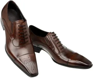 HOOENG Formal Shoes for Men Lace Up Cap Toe Brogue Embossed Square Toe PU Leather Non Slip Rubber Sole Anti-Slip Block Heel Business