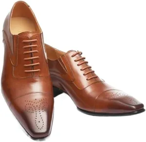 HOOENG Formal Shoes for Men Lace Up Cap Toe Brogue Embossed Square Toe PU Leather Non Slip Rubber Sole Anti-Slip Block Heel Business