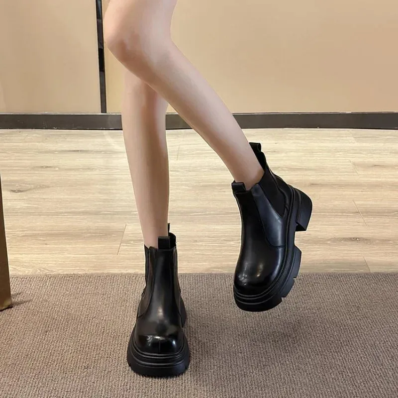 Joskaa Rock Shoes Woman Med Heel Boots Chelsea Boots-Women Round Toe Luxury Designer Ankle Autumn 2024 Ladies Flat Fashion PU Solid Sl