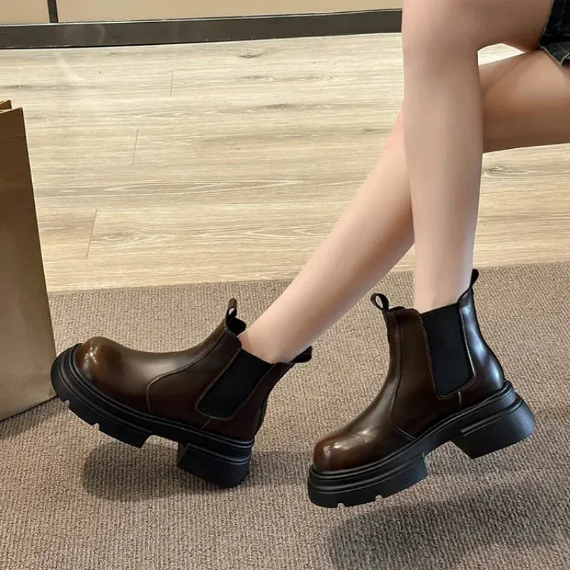 Joskaa Rock Shoes Woman Med Heel Boots Chelsea Boots-Women Round Toe Luxury Designer Ankle Autumn 2024 Ladies Flat Fashion PU Solid Sl