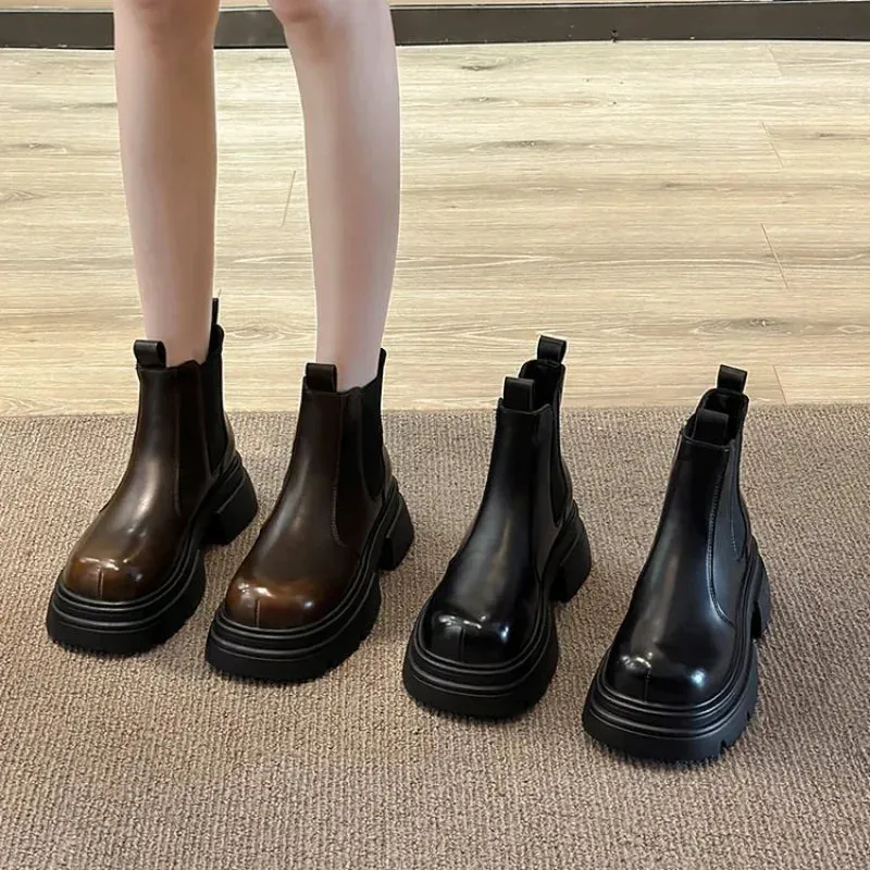 Joskaa Rock Shoes Woman Med Heel Boots Chelsea Boots-Women Round Toe Luxury Designer Ankle Autumn 2024 Ladies Flat Fashion PU Solid Sl