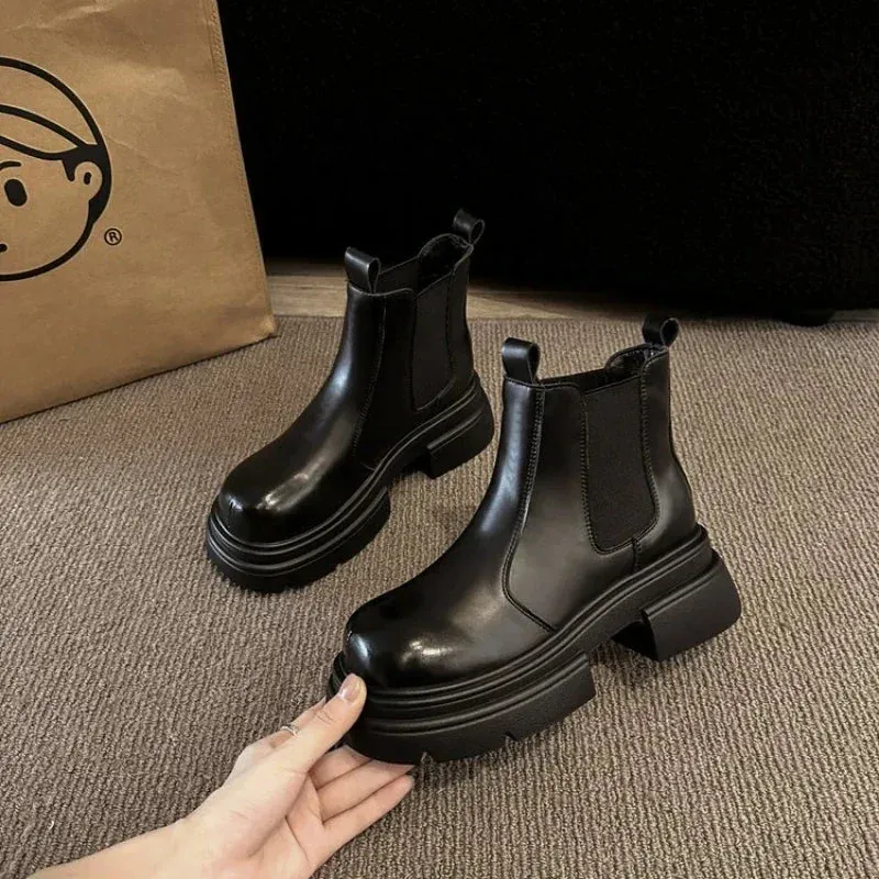 Joskaa Rock Shoes Woman Med Heel Boots Chelsea Boots-Women Round Toe Luxury Designer Ankle Autumn 2024 Ladies Flat Fashion PU Solid Sl