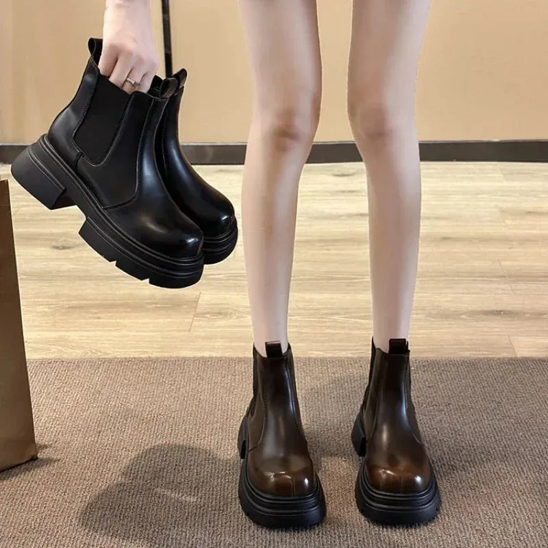 Joskaa Rock Shoes Woman Med Heel Boots Chelsea Boots-Women Round Toe Luxury Designer Ankle Autumn 2024 Ladies Flat Fashion PU Solid Sl