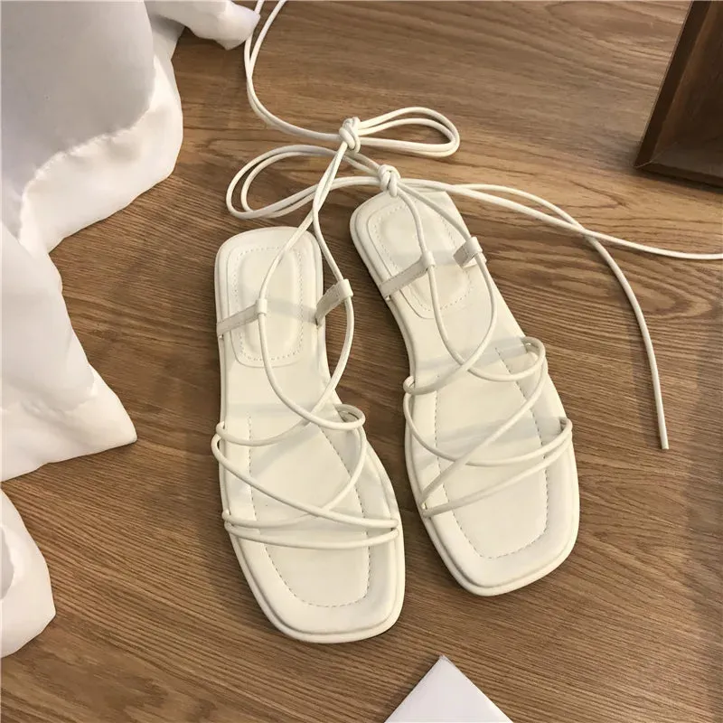 Joskaa Sandals Women 2024 Summer New Sexy Cross Tie Flat Shoes Casual Beach Open Toe Leather Fairy Style Lace-Up Fashion Rome Sandalias