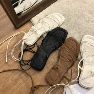 Joskaa Sandals Women 2024 Summer New Sexy Cross Tie Flat Shoes Casual Beach Open Toe Leather Fairy Style Lace-Up Fashion Rome Sandalias