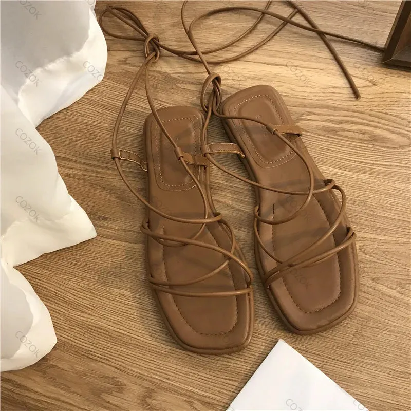 Joskaa Sandals Women 2024 Summer New Sexy Cross Tie Flat Shoes Casual Beach Open Toe Leather Fairy Style Lace-Up Fashion Rome Sandalias