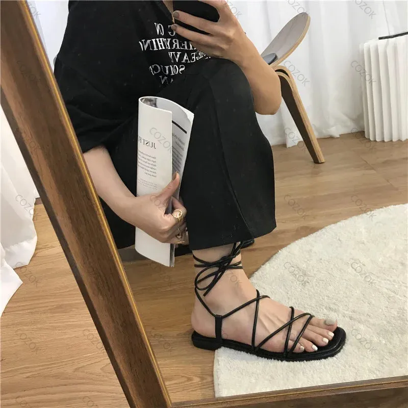 Joskaa Sandals Women 2024 Summer New Sexy Cross Tie Flat Shoes Casual Beach Open Toe Leather Fairy Style Lace-Up Fashion Rome Sandalias