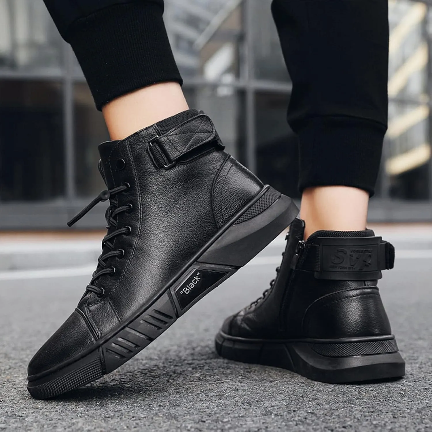 Keilinia Men's Black Italian High-Top Casual Leather Boots,Fall Winter Waterproof Non-slip Shock-absorbing Business Ankle Booties