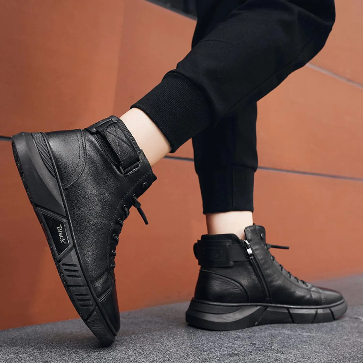 Keilinia Men's Black Italian High-Top Casual Leather Boots,Fall Winter Waterproof Non-slip Shock-absorbing Business Ankle Booties
