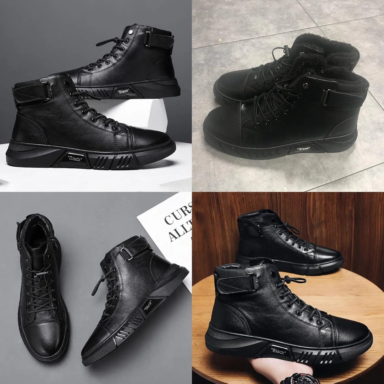 Keilinia Men's Black Italian High-Top Casual Leather Boots,Fall Winter Waterproof Non-slip Shock-absorbing Business Ankle Booties