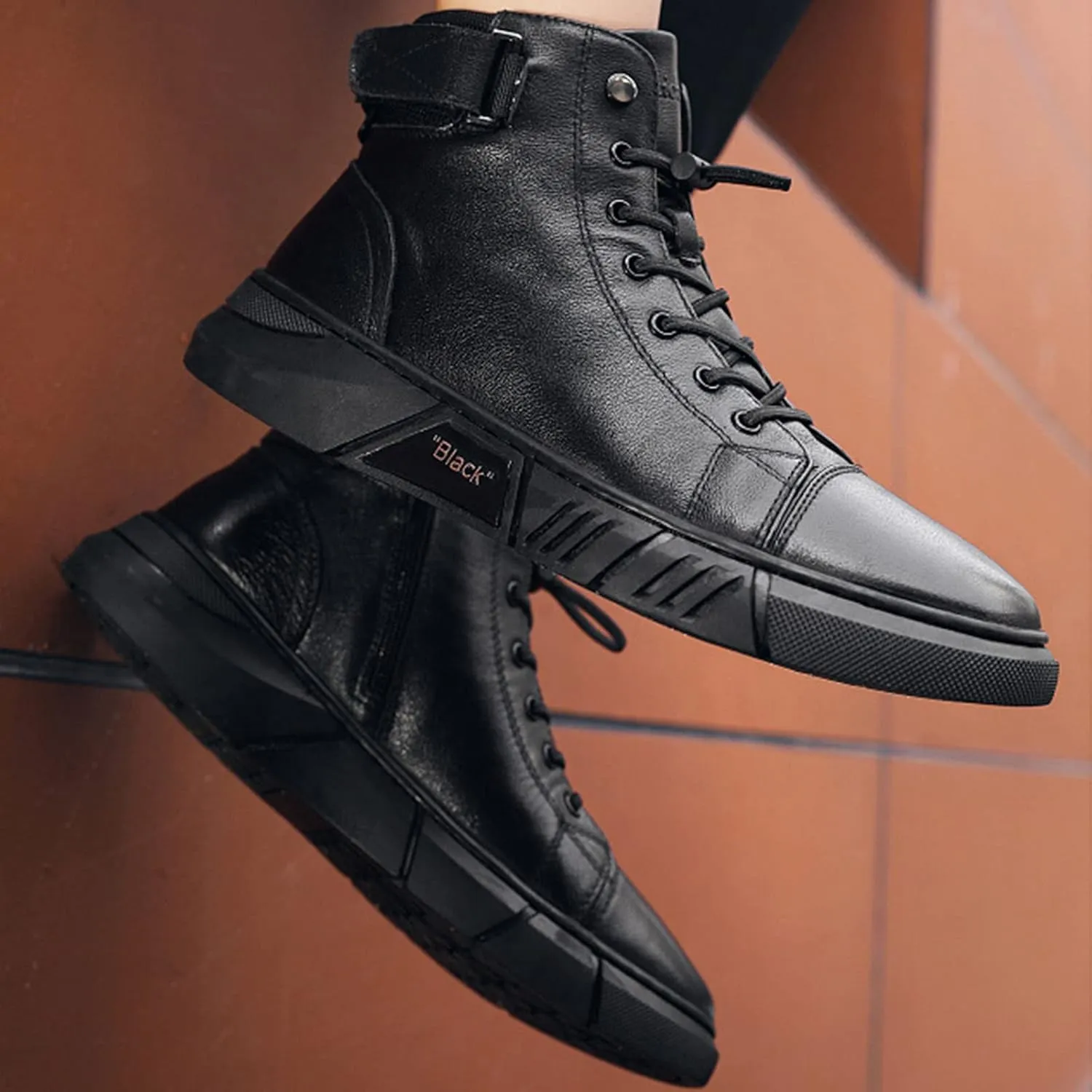 Keilinia Men's Black Italian High-Top Casual Leather Boots,Fall Winter Waterproof Non-slip Shock-absorbing Business Ankle Booties