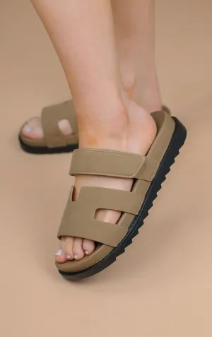 Khaki Faux Suede Gladiator Velcro Strap Sandal