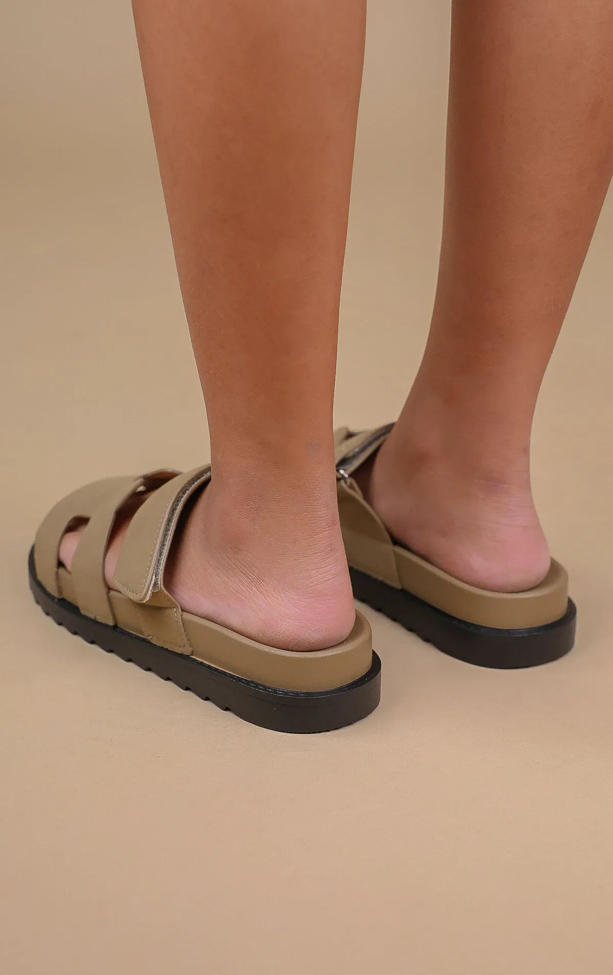 Khaki Faux Suede Gladiator Velcro Strap Sandal
