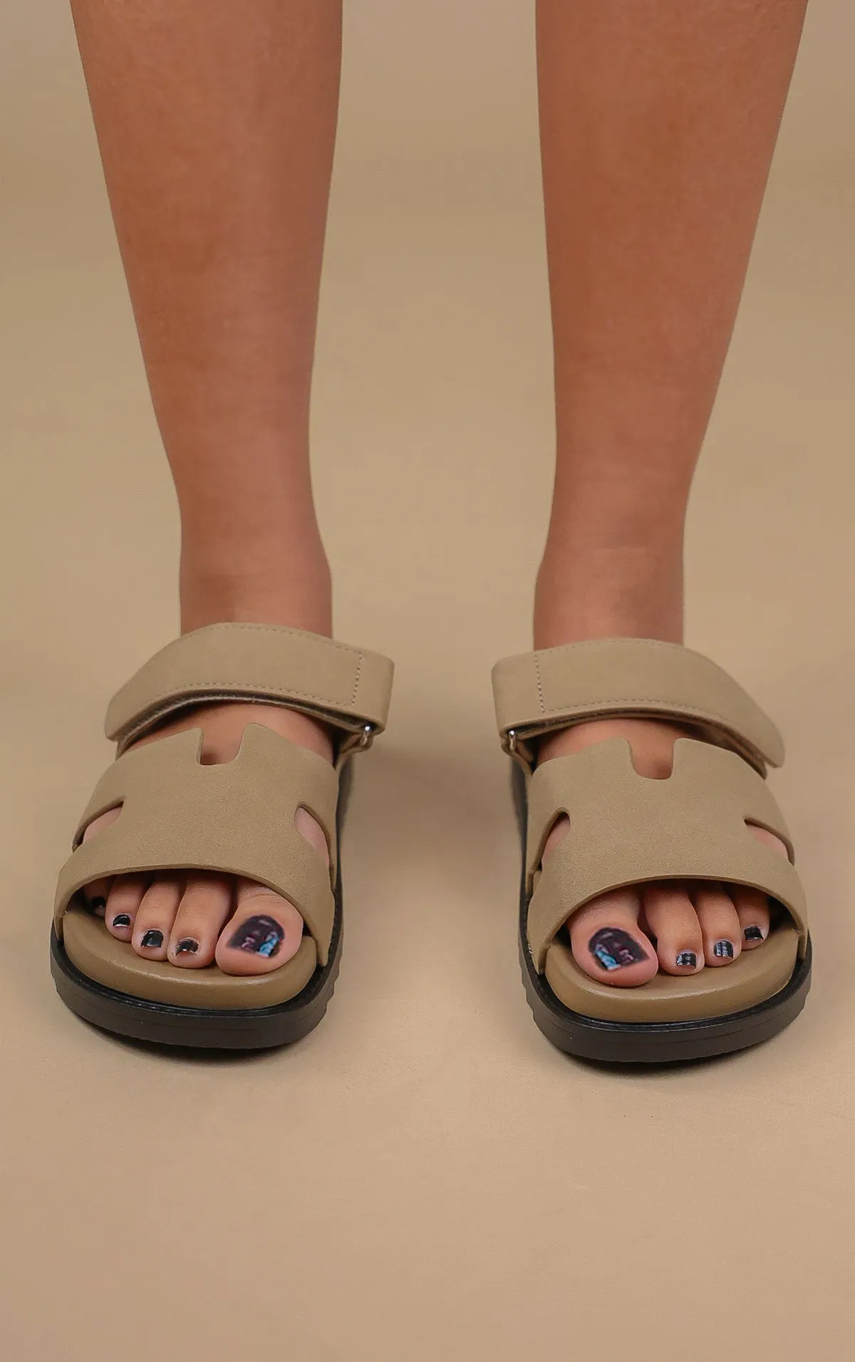 Khaki Faux Suede Gladiator Velcro Strap Sandal