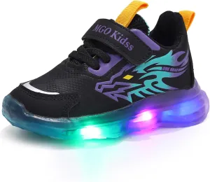 Kids LED Light Up Sneakers - Breathable & Sporty Casual Shoes for Boys with Adjustable Strap, Flashing Lights for Toddlers & Little Kids Blue, Orange, Purple(Purple,5 Big Kid)