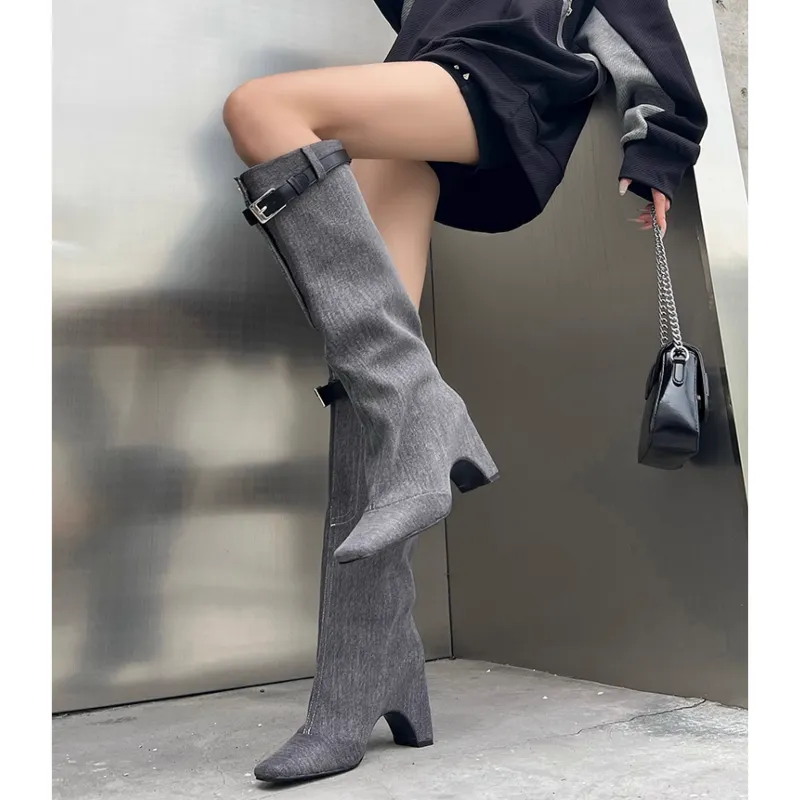 KOSSE Buckled Denim Knee High Boots