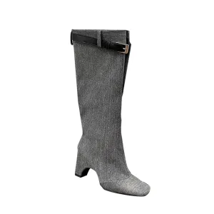 KOSSE Buckled Denim Knee High Boots
