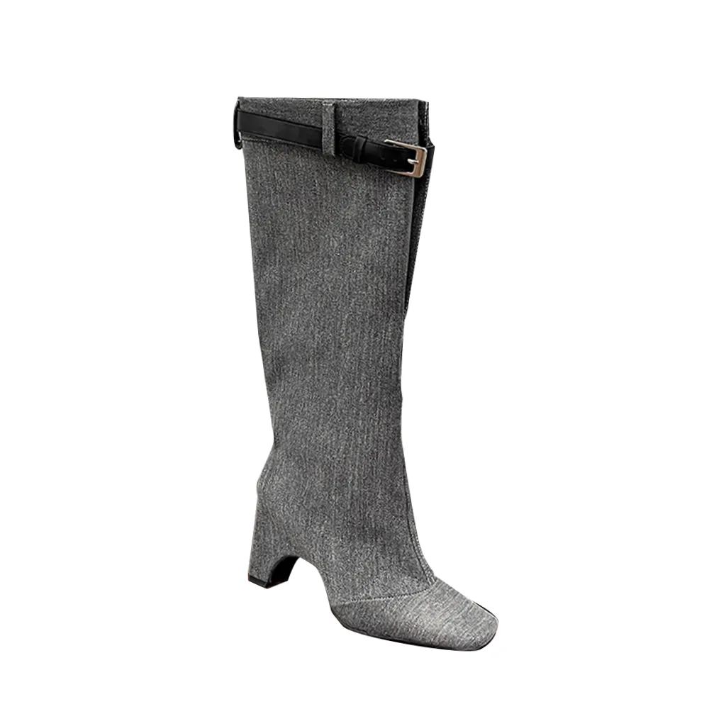 KOSSE Buckled Denim Knee High Boots