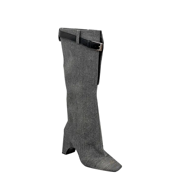 KOSSE Buckled Denim Knee High Boots