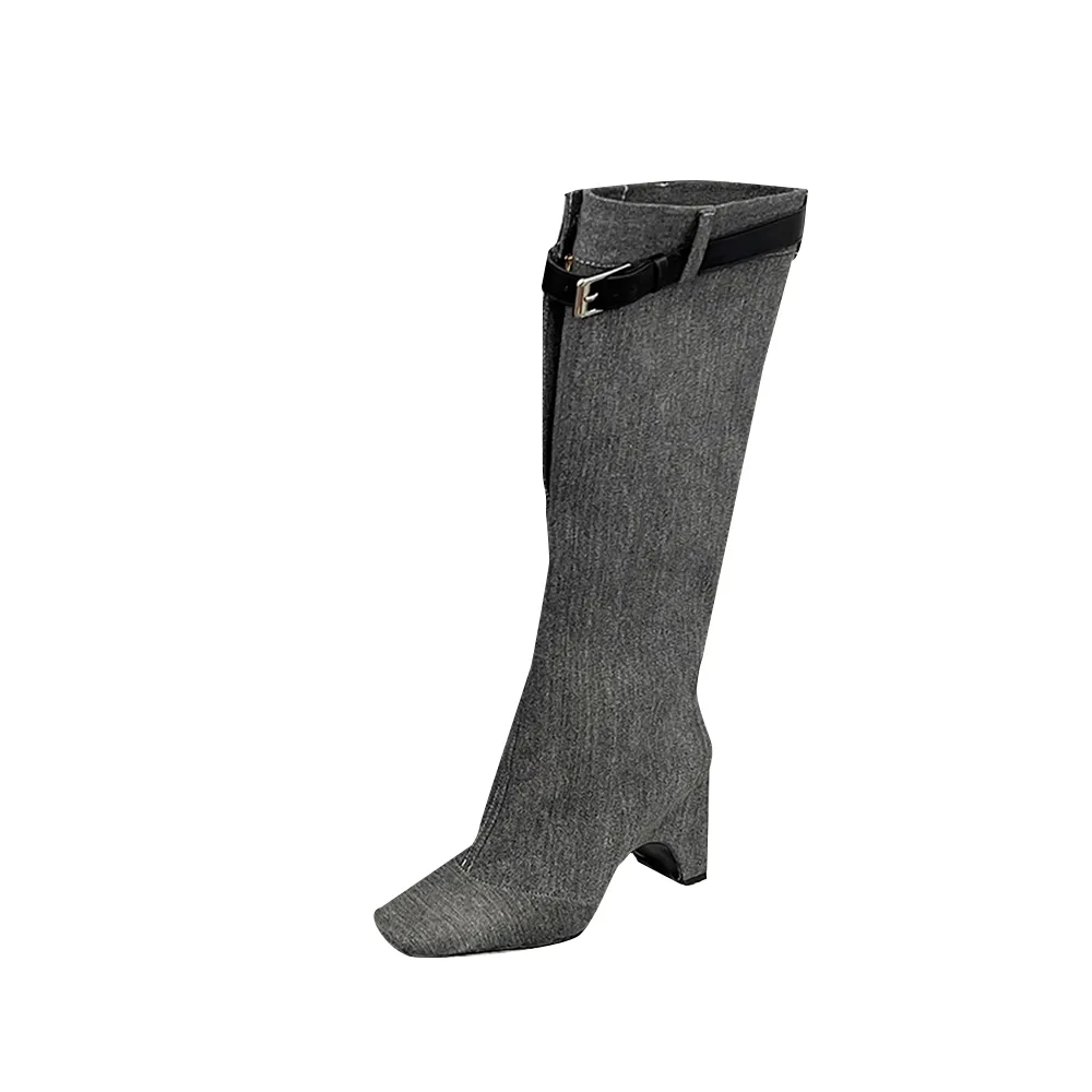 KOSSE Buckled Denim Knee High Boots
