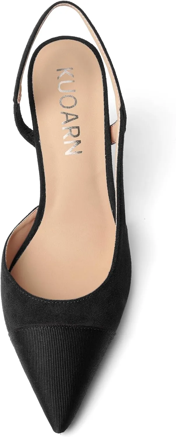 KUOARN Womens Suede Work Pointed Toe Dress Slingback Slip On Stiletto High Heel Pumps Shoes 2.7 Inch