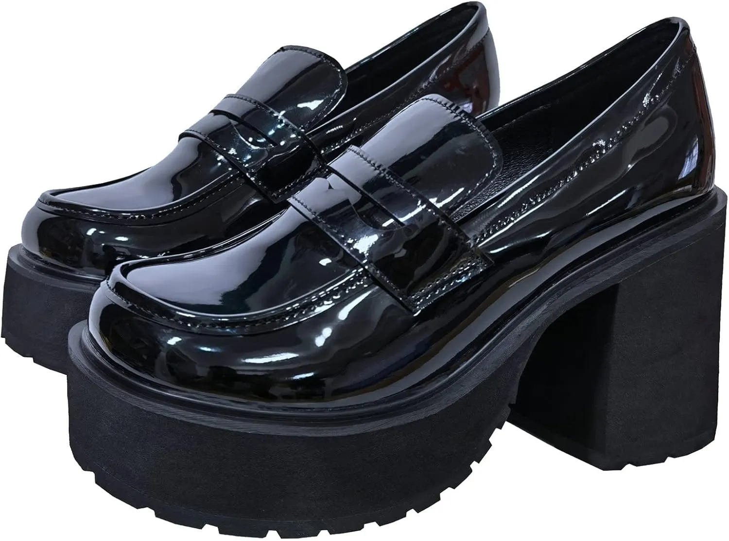 KysBloes Women Patent Leather Loafers Platform Chunky Heel Slip On Pumps
