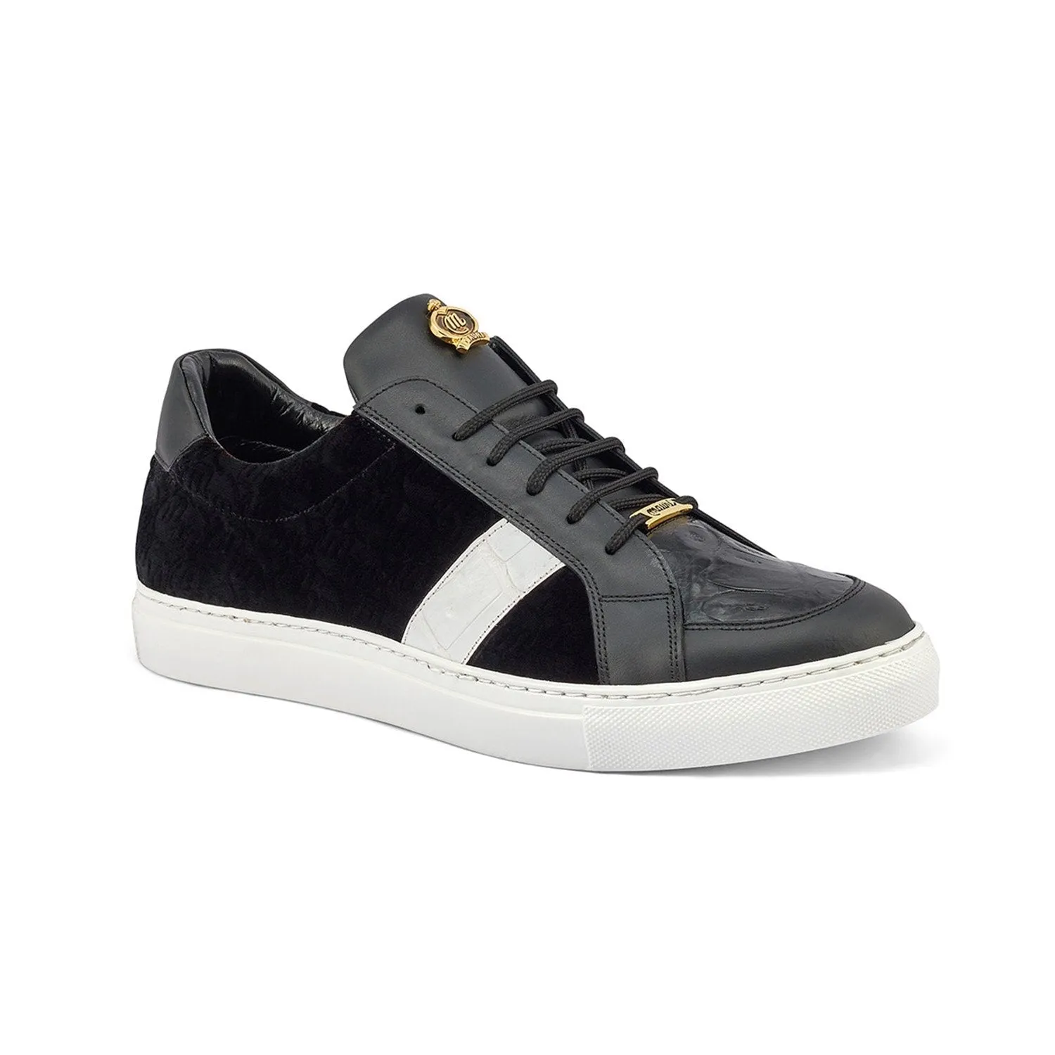 Mauri 8418 Freeze Men's Shoes Black & White Exotic Crocodile / Nappa Leather / Velvet Embossed Casual Sneakers (MA5357)