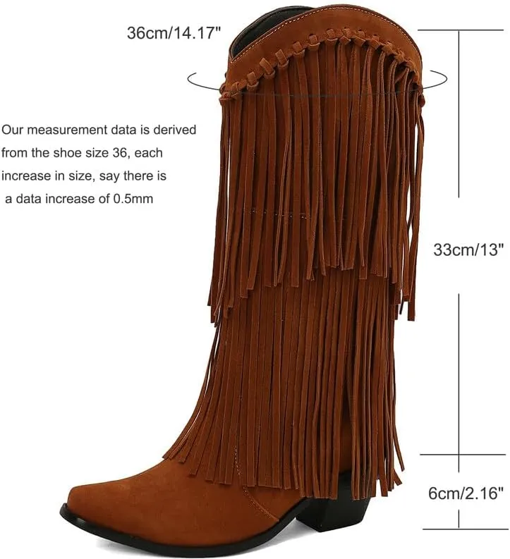 Meefit Fringe Cowboy Knee High Boots for Women Chunky Heel Tassel Cowgirl Boots Pull On Suede Western Tall Boots