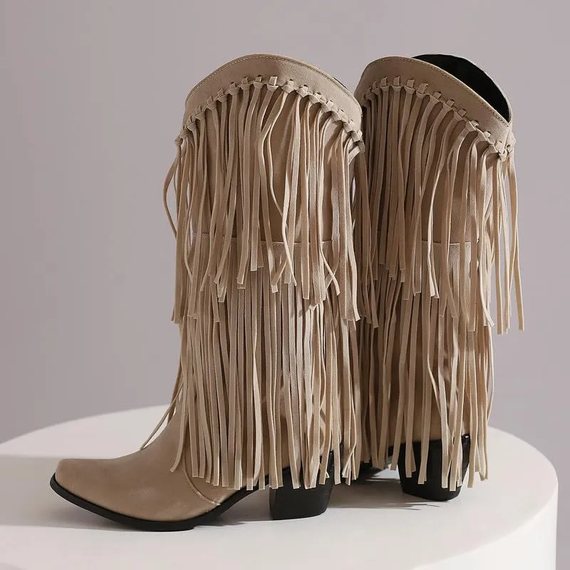 Meefit Fringe Cowboy Knee High Boots for Women Chunky Heel Tassel Cowgirl Boots Pull On Suede Western Tall Boots