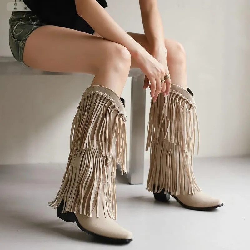Meefit Fringe Cowboy Knee High Boots for Women Chunky Heel Tassel Cowgirl Boots Pull On Suede Western Tall Boots