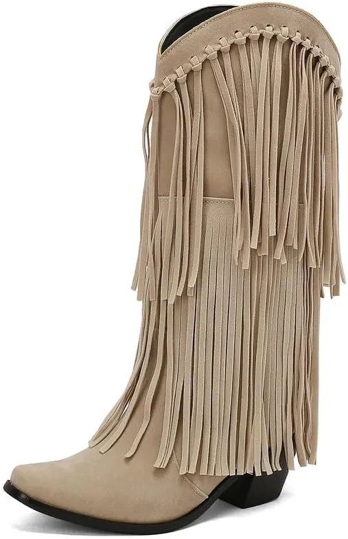 Meefit Fringe Cowboy Knee High Boots for Women Chunky Heel Tassel Cowgirl Boots Pull On Suede Western Tall Boots